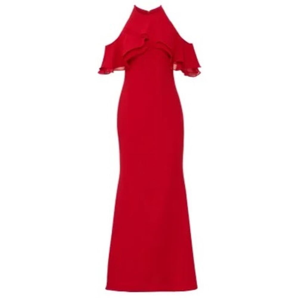 Badgley Mischka Crossover Ruffle Gown 8‎ Red Cold Shoulder Formal Maxi